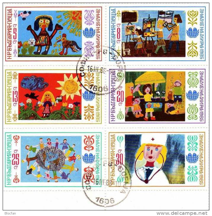 Kinder-Zeichnung 1985 Bulgarien 3350/5 Plus 6-Kleinbogen O 4€ Kinderversammlung Frieden Painting Sheetlet From Bulgaria - Autres & Non Classés