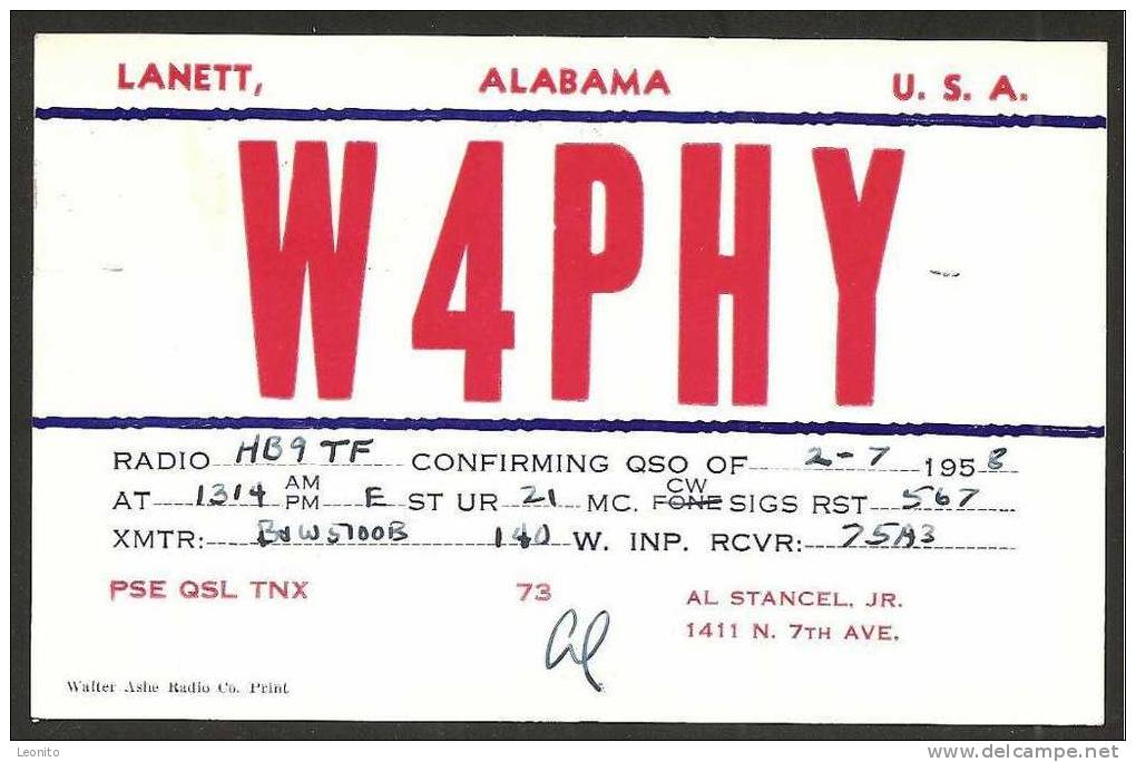 Lanett Alabama Radio W4PHY 1958 - Autres & Non Classés