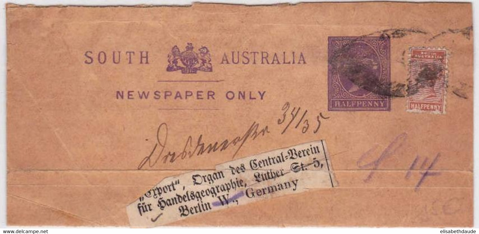 SOUTH AUSTRALIA  - ENTIER POSTAL - BANDE JOURNAL Avec COMPLEMENT à 1/2 P (TIMBRE Avec Petit Défaut) Pour BERLIN - Lettres & Documents