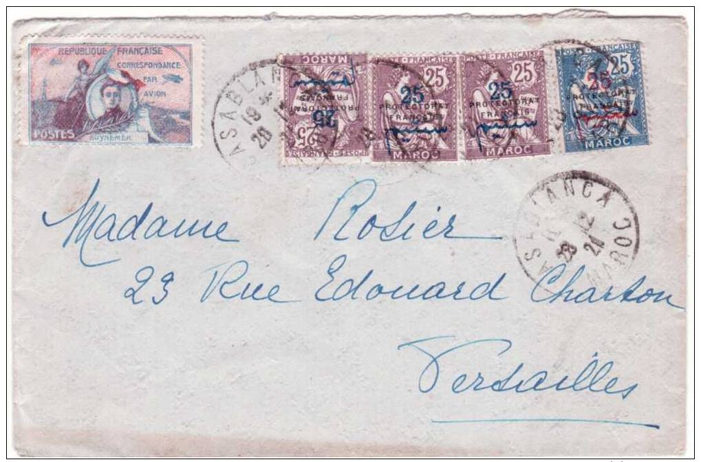 1921- Lettre AEROPOSTALE De Casablanca -très Bel Affr. à 1 F. + Vignette Guynemer Pour La France - 1960-.... Briefe & Dokumente