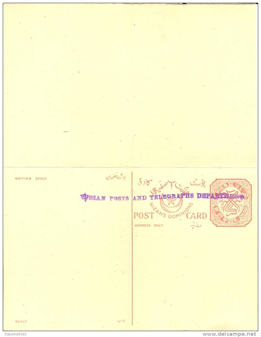 India Native States Hyderabad 1947 Postal Stationery 6 Pies + 6 Pies Reply-paid Postcard Attached Pair Mint - Hyderabad