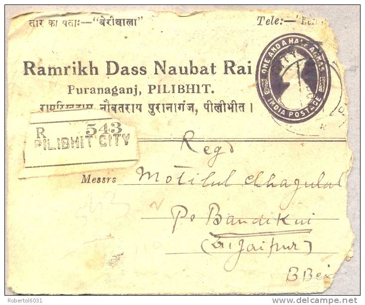 India 1948 Postal Stationery 1 And 1/2 Annas Registered From Pilibhit To Bandikui With Adjunctive Franking Eight Stamps - Covers