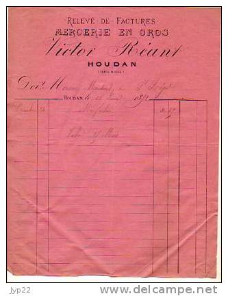 Facture Mercerie En Gros Victor Réant Houdan 12-01-1892 - Drogisterij & Parfum