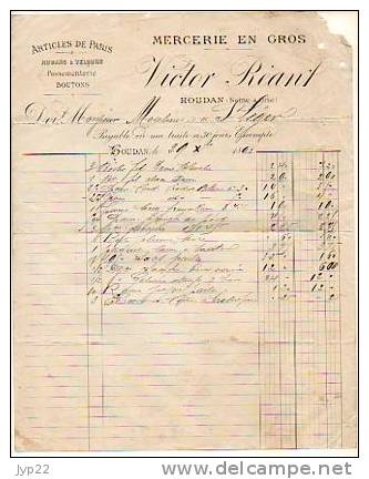 Facture Mercerie En Gros Articles De Paris Rubans Velours Boutons Passementerie Victor Réant Houdan 29-??-1892 - Chemist's (drugstore) & Perfumery