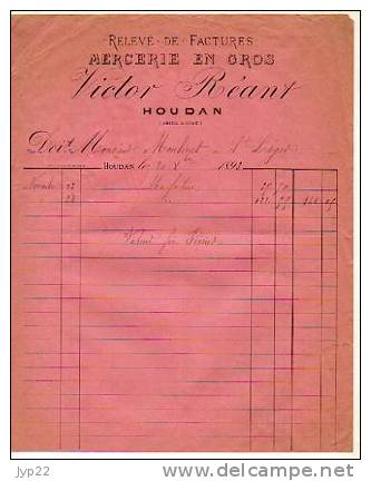 Facture Mercerie En Gros Victor Réant Houdan 20-??-1893 - Chemist's (drugstore) & Perfumery