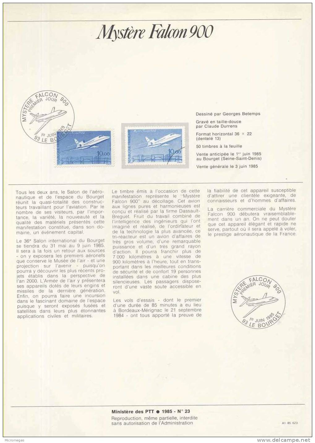 Document Philatélique Officiel De La Poste - Mystère Falcon 900  - Le Bourget 01-06-1985 - Documents Of Postal Services