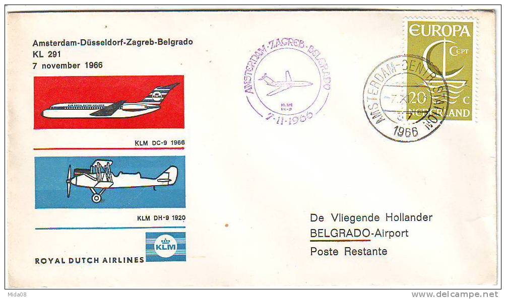 AMSTERDAM. DUSSELDORF . ZAGREB . BELGRADO. 07.11.1966.  KLM DC-9 1966. - Poste Aérienne