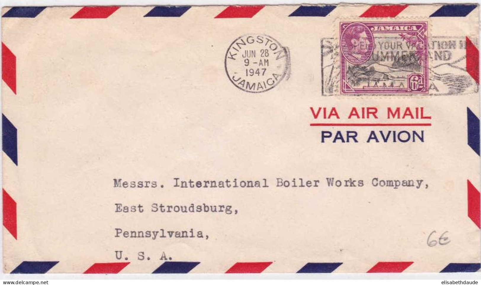 JAMAICA - 1947 -  SEUL Sur LETTRE Par AVION De KINGSTON Pour Les USA - Jamaica (...-1961)