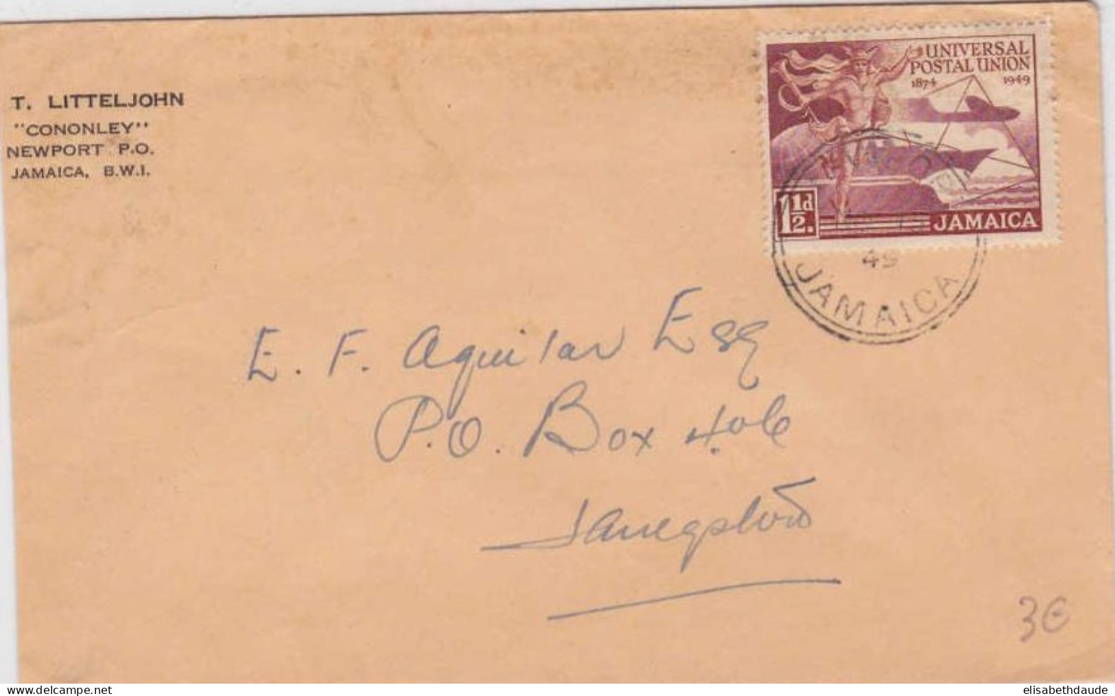 JAMAICA - 1949 - UPU SEUL Sur LETTRE De KINGSTON Pour Les USA - ENVELOPPE LEGEREMENT RACCOURCIE à GAUCHE - Giamaica (...-1961)