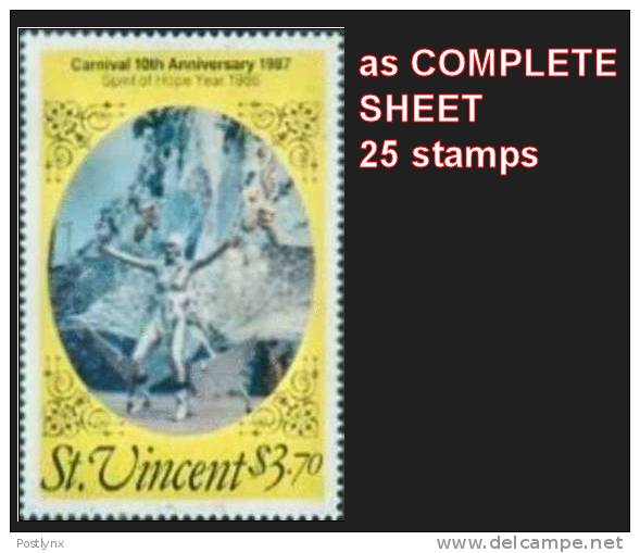 CV:€15.00 St.Vincent 1987. CARNEVAL "Spirit Of Hope" Costume $3.70. COMPLETE SHEET:25 Stamps - St.Vincent (1979-...)