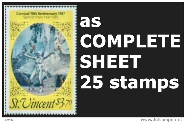 CV:€30.00 BULK:2 X St.Vincent 1987. CARNEVAL "Spirit Of Hope" Costume $3.70. COMPLETE SHEET:25 Stamps. - St.Vincent (1979-...)