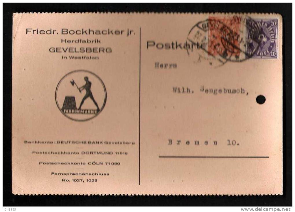 BOCKHACKER HERDFABRIK FABRIKMARKE GEVELSBERG WESTFALEN NACH BREMEN 1923 INFLA - Gevelsberg