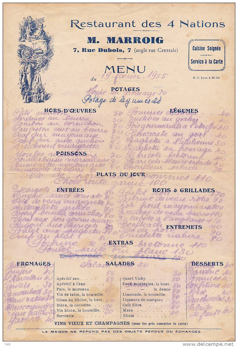 MENU "RESTAURANT DES 4 NATIONS" - M. MARROIG - 1955 - Menus