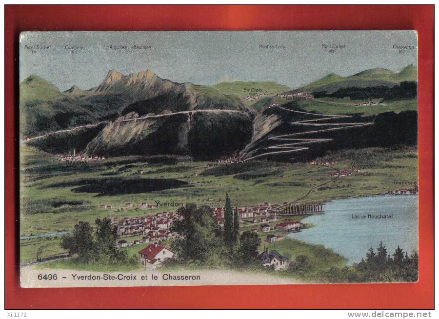 L393 Yverdon-Ste-Croix Et Le Chasseron,Lac Neuchâtel,Litho.Cachet Bullet 1911.Phototypie 6496 - Bullet