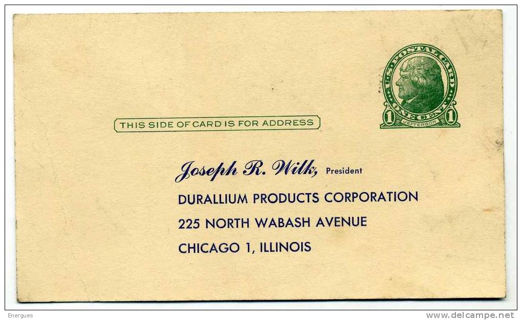 Etats-unis, Entier Postal, Jefferson,1 C, Neuf, Wilk, Durallium, Table Clinics,,Chicago, Illinois - ...-1900