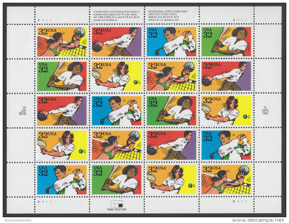 !a! USA Sc# 2961-2965 MNH SHEET(20) - Recreational Sports - Ganze Bögen