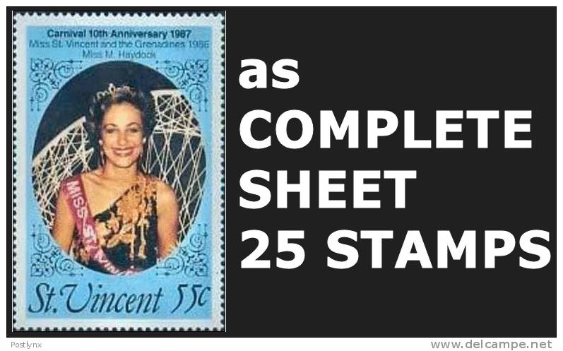 CV:€45.00 BULK:10 X  St.Vincent 1987. CARNEVAL Miss St. Vincent 1986. 55c. COMPLETE SHEET:25 Stamps. - St.Vincent (1979-...)