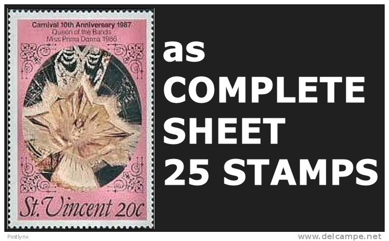 CV:€30.00 BULK:10 X St.Vincent 1987. CARNEVAL Miss Prima Donna 20c. COMPLETE SHEET:25 Stamps. - St.Vincent (1979-...)