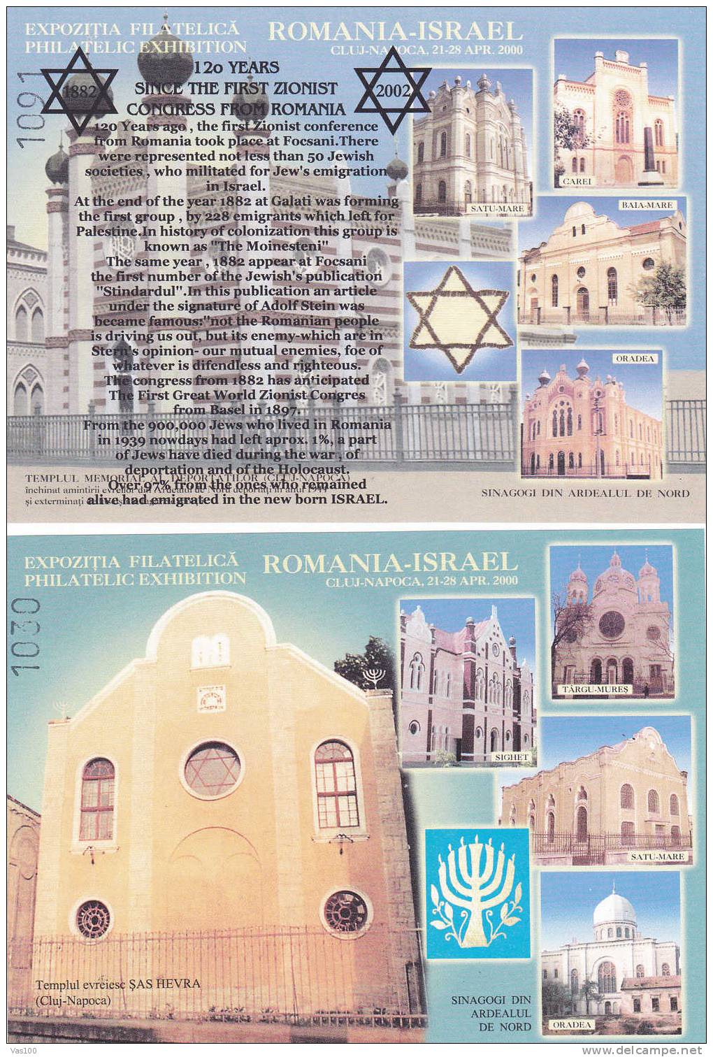 Synagogues;Carei,Satu-Mare,Baia-Mare,Oradea Blocks 2X Numerote,imperf. + O/p 2000 Romania. - Moskeeën En Synagogen