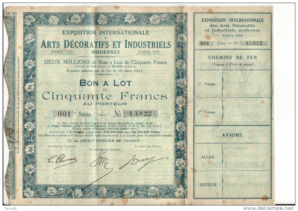 Action Titre: Exposition Internationale Arts Décoratifs Et Industriels Bon à Lot De 50 Francs Paris 1925 (Série 001) - Transport
