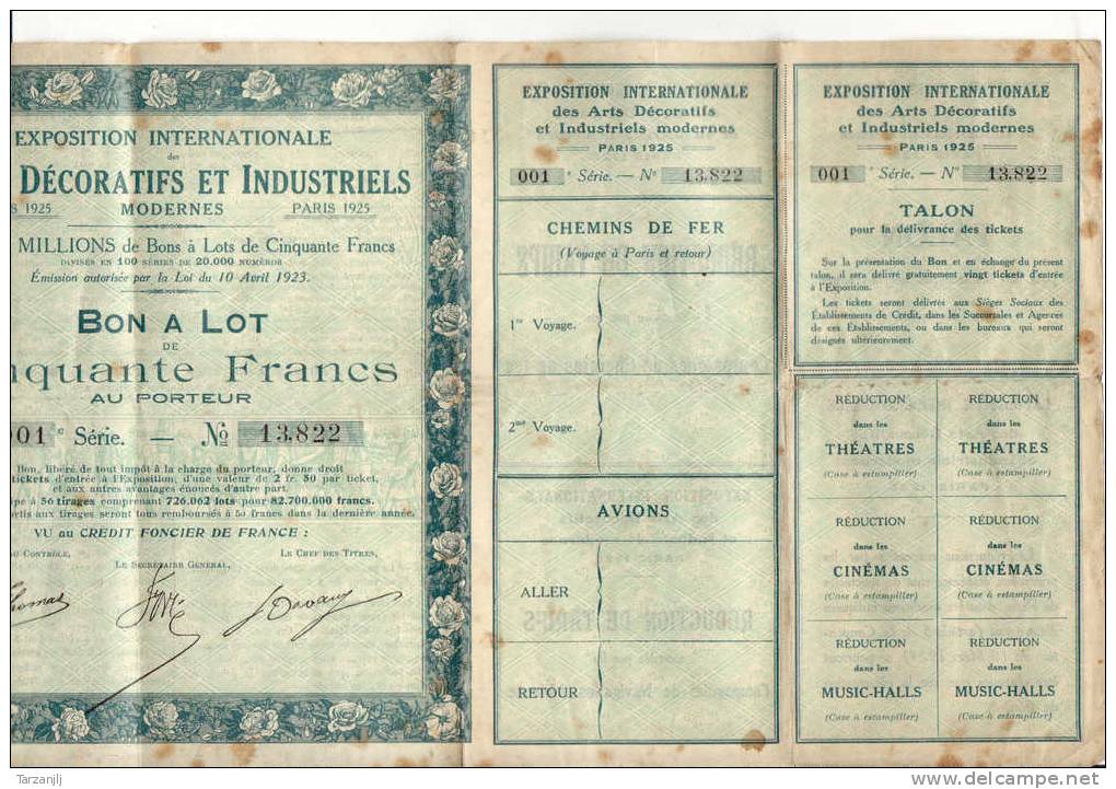 Action Titre: Exposition Internationale Arts Décoratifs Et Industriels Bon à Lot De 50 Francs Paris 1925 (Série 001) - Verkehr & Transport