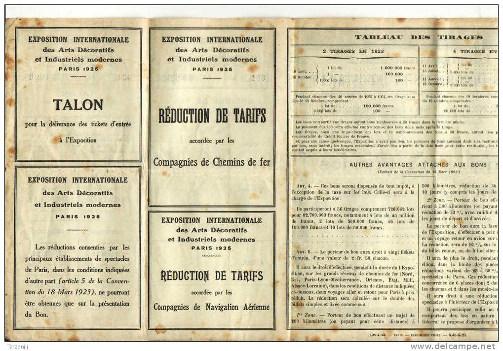 Action Titre: Exposition Internationale Arts Décoratifs Et Industriels Bon à Lot De 50 Francs Paris 1925 (Série 001) - Transports