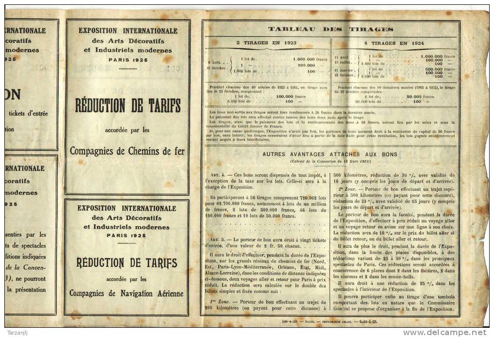 Action Titre: Exposition Internationale Arts Décoratifs Et Industriels Bon à Lot De 50 Francs Paris 1925 (Série 001) - Trasporti