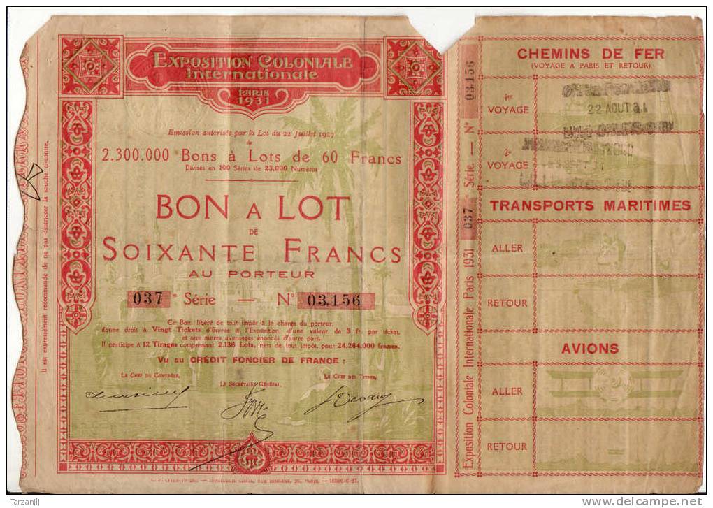 Action Titre: Exposition Coloniale Internationale Bon à Lot De 60 Francs Paris 1931 (Série 037) - Transporte