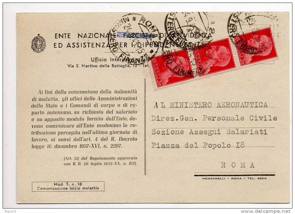 ROMA  - Città  - Card / Cartolina (Ente Naz. Fascista Ass. Dip.Statali)  24.9.1945 - Imper. Senza Fasci Cent. 20 X 3 - Marcophilie