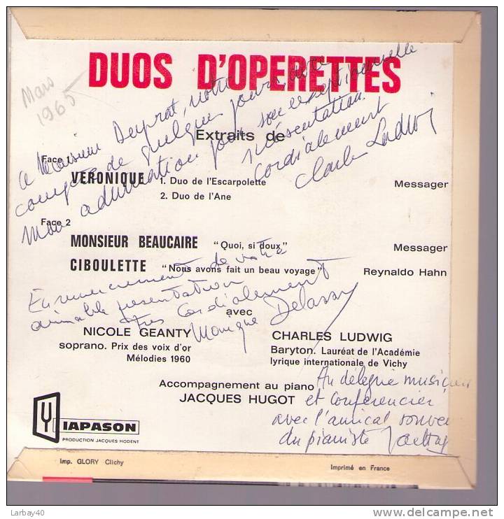 45 T Duos D'opérettes : Extraits Véronique (2 Morçeaux) / Monsieur Beaucaire / Ciboulette - Oper & Operette