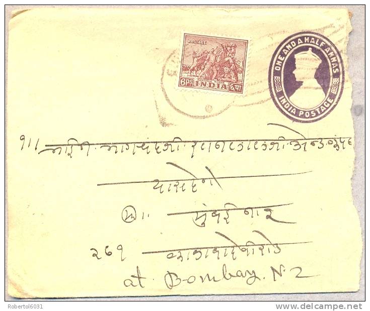 India 1949 Postal Stationery Cover 1 And 1/2 Annas With Adjunctive Franking 6 Pies Konarak Horse - Covers