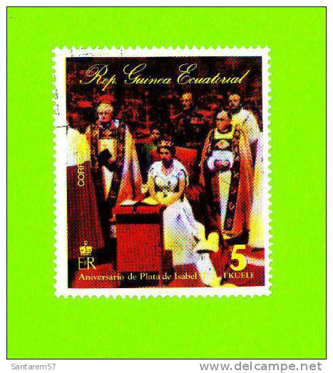Timbre Oblitéré Used Stamp Selo Carimbado Aniversario De Plata De Isabel II 5 EKUELE GUINEE EQUATORIALE - Guinée Equatoriale