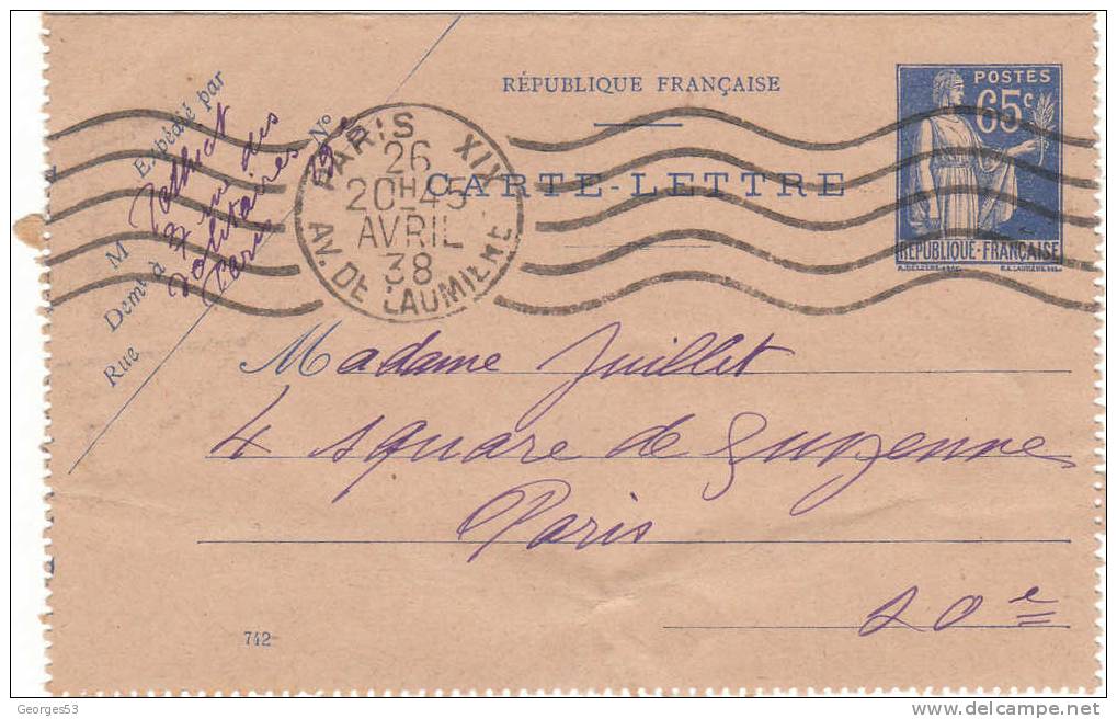 France Entier Postal CL1  - 365            1938 - Kaartbrieven