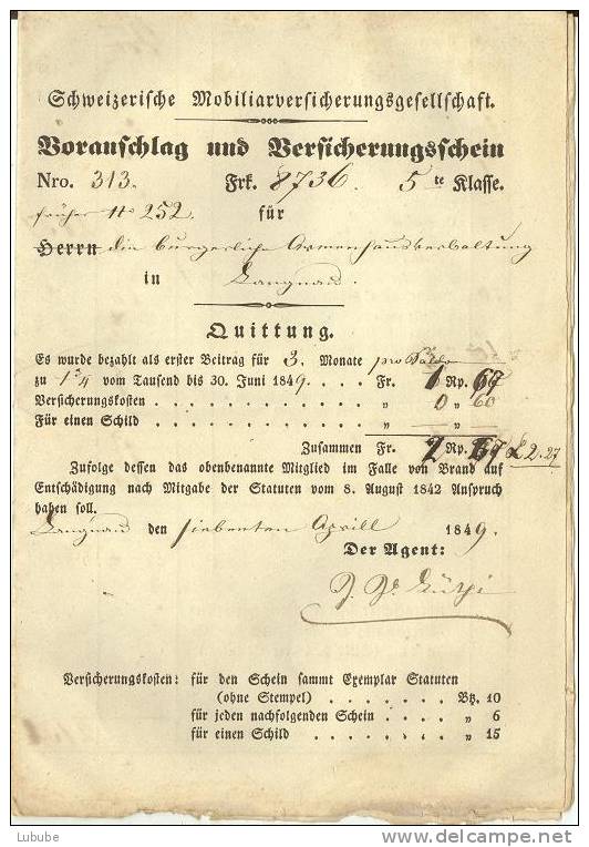 Schweizerische Mobiliarversicherungsgesellschaft - Voranschlag Und Versicherungsschein        1849 - Bank & Versicherung