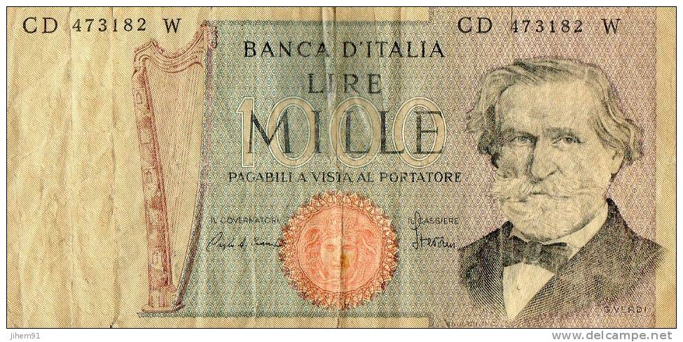 Italie : 1000 Lire MILLE LIRE : 1969 - "Giuseppe Verdi" - Numéro : CD 473182 W (§) - 1000 Liras