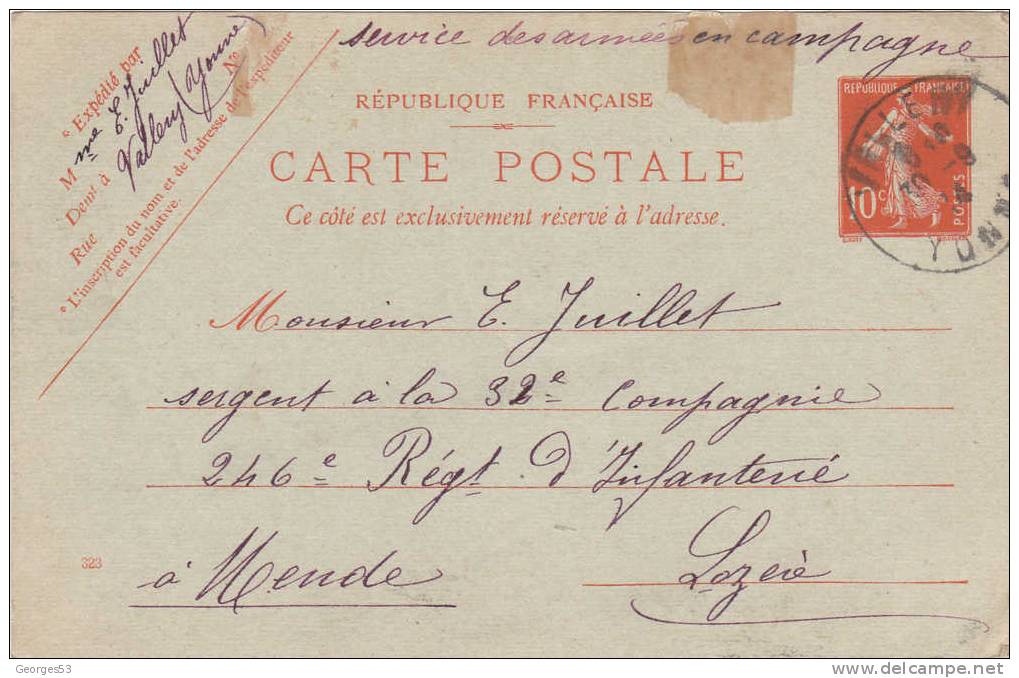 FRANCE  CP   Type Semeuse Fond Plein   Datée De  29 Sep 1914 - Cartes Postales Types Et TSC (avant 1995)