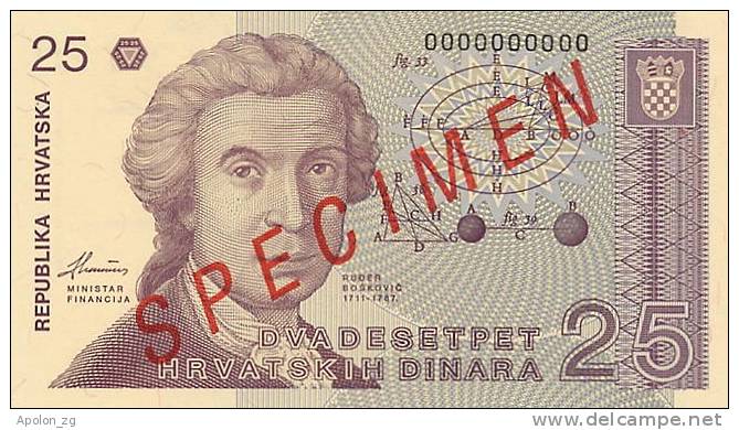 CROATIA -  KROATIEN:  25 Dinara, 1991  UNC  *P-19s   *SPECIMEN*   RARE ! - Croatie