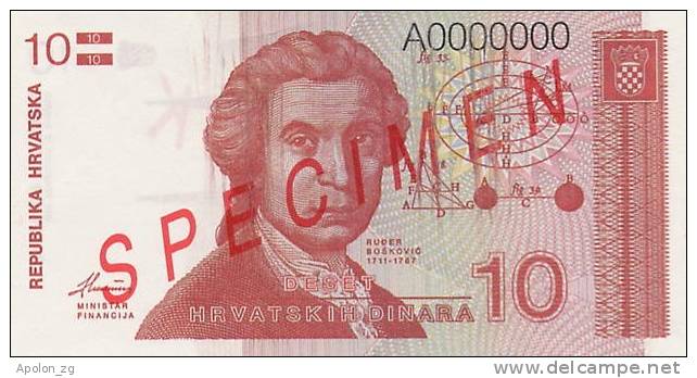 CROATIA -  KROATIEN:  10 Dinara, 1991  UNC  *P-18s   *SPECIMEN*   RARE ! - Kroatien