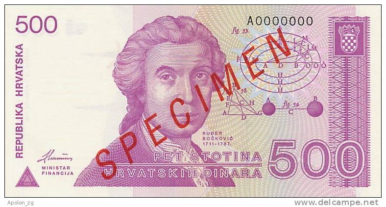 CROATIA -  KROATIEN:   500 Dinara, 1991  UNC   *P-21s  *SPECIMEN*  VERY RARE !!! - Croatia