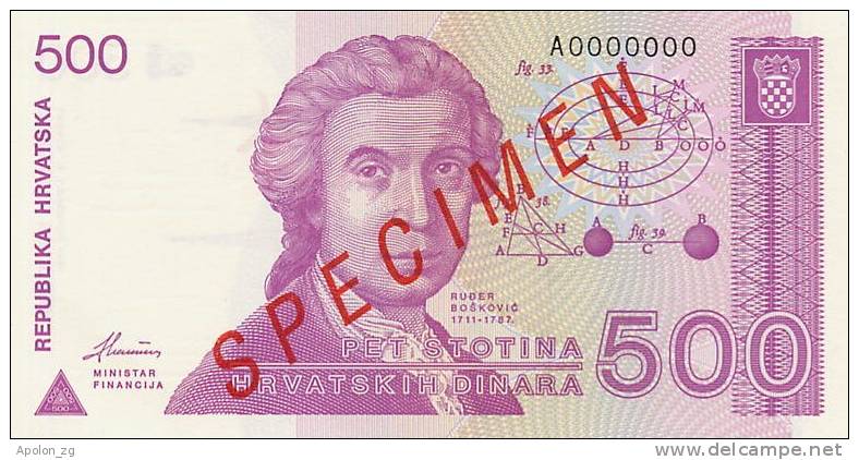 CROATIA -  KROATIEN:   500 Dinara, 1991  UNC   *P-21s  *SPECIMEN*  VERY RARE !!! - Kroatien