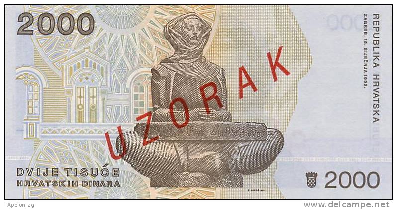 CROATIA -  KROATIEN:   2000 Dinara 1992  UNC  P-23s  *SPECIMEN*  VERY RARE !!! - Croatie