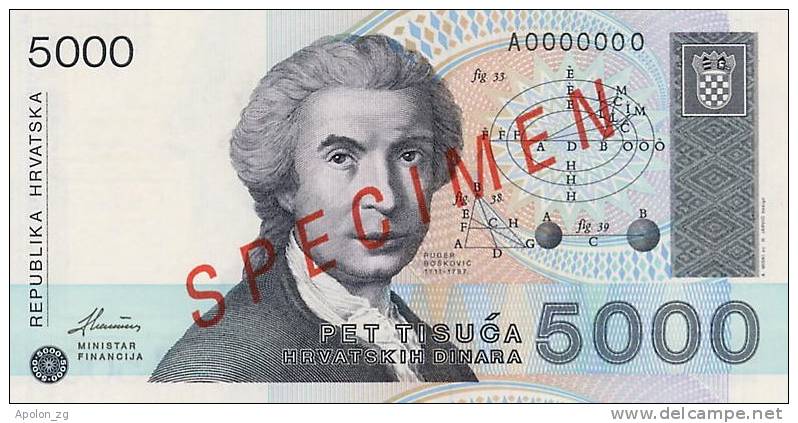 CROATIA -  KROATIEN:   5000 Dinara 1992  UNC  P-24s  *SPECIMEN*  VERY RARE !!! - Croatia