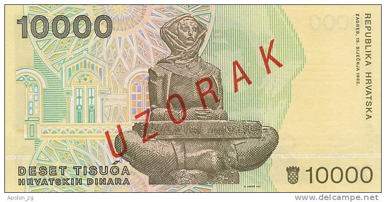 CROATIA -  KROATIEN:  10 000 Dinara 1993  UNC  P-25s  *SPECIMEN*  VERY RARE !!! - Kroatien