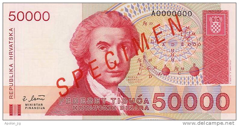 CROATIA - KROATIEN:  50 000 Dinara 1993  UNC  P-26s  *SPECIMEN*  VERY RARE !!! - Croatie