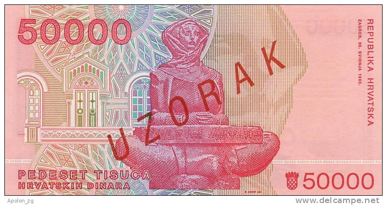 CROATIA - KROATIEN:  50 000 Dinara 1993  UNC  P-26s  *SPECIMEN*  VERY RARE !!! - Croatie