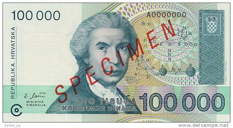 CROATIA -  KROATIEN:  100 000 Dinara 1993  UNC  P-27s  *SPECIMEN*  VERY RARE !!! - Croazia