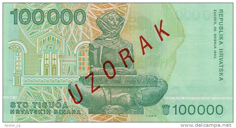 CROATIA -  KROATIEN:  100 000 Dinara 1993  UNC  P-27s  *SPECIMEN*  VERY RARE !!! - Kroatien