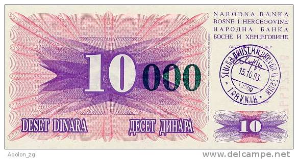 BOSNIA: 10,000 Dinara On 10 Dinara, 1993 UNC *P-53a * 13mm High Green Zeroes - 15.10.1993 - Bosnia And Herzegovina