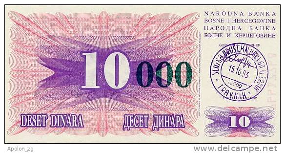 BOSNIA:  10 000 Dinara On 10 Dinara 1993 UNC *P-53a * 13mm High Green Zeroes - 15.10.1993 - Bosnie-Herzegovine