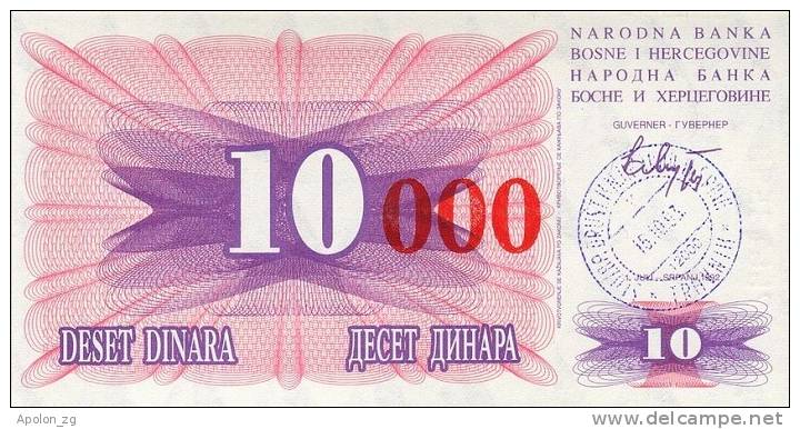 BOSNIA:  10 000 Dinara On 10 Dinara, 1993 UNC *P-53b * 13mm High Red Zeroes - 15.10.1993 - Bosnie-Herzegovine